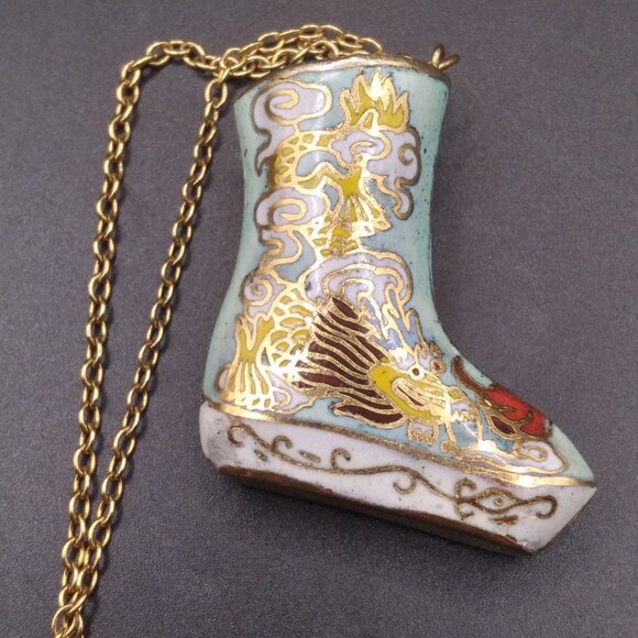 Vintage Cloisonne Gold plated Chinese Dragon Pendant & 24'' Necklace - Picture 1 of 5